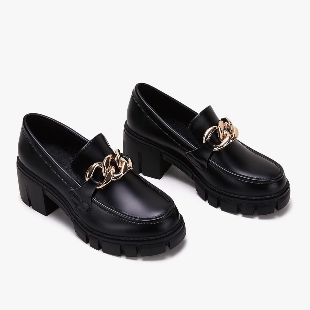 TINSTREE Platform Black Loafers Chain Sz 7 Chunky Heel Slip On Round Toe Shoes - Picture 9 of 14